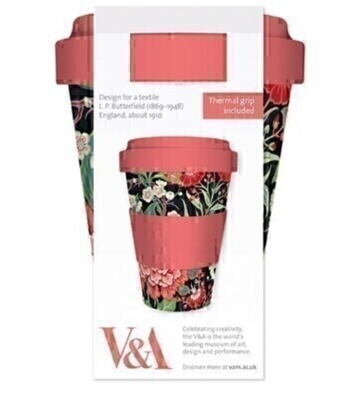 Have your morning coffee/tea in style with this illustrated reusable bamboo travel mug from The Victoria and Albert collection. Featuring the Butterfield floral pattern for textiles designed around 1910.  Beautiful red and pink flora on a black background. With heat resistant thermal pink grip. 136mm x 92mm. 16oz/450ml. Dishwasher proof.  Food safe and FDA approved.
